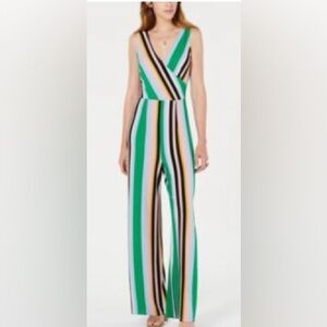 Bar lll Multi-Striped Surplice V-Neck Front Medium Wide Leg Jumpsuit V-Neck Back
